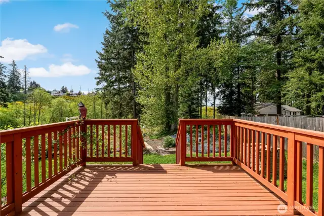 Relaxing deck overlooking the back yard with botanical garden and variety of birds.