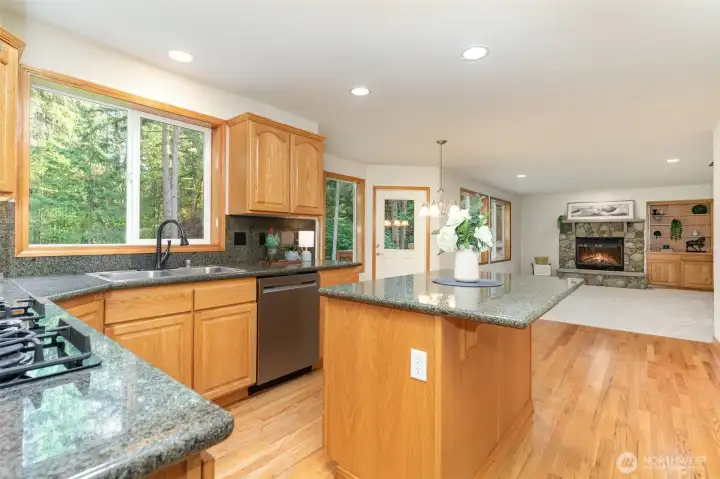 The kitchen, family room & dining area face the greenbelt view!