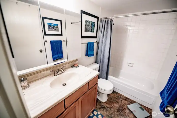 New vanity and counter along with a tri-mirror medicine cabinet. Tiled shower and newer laminate flooring.