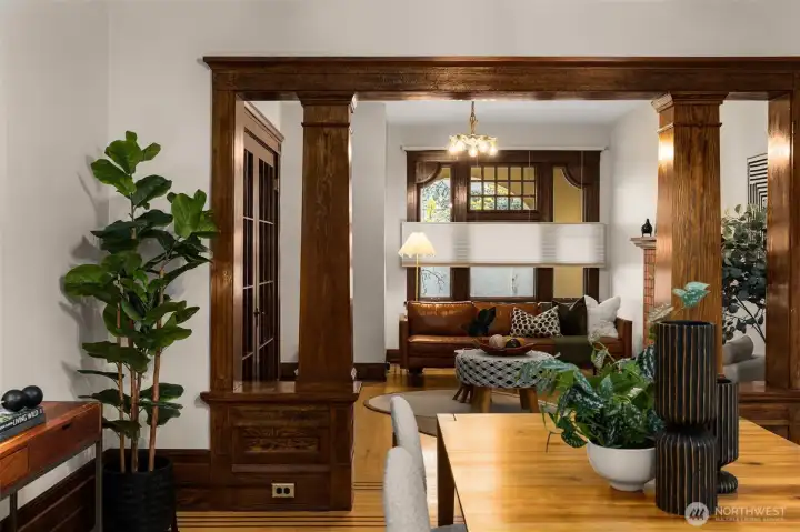 Vintage light fixtures & hardware preserved, mahogany inlaid hardwoods refinished & the windows restored.