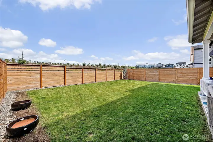 Lots of grassy yard for outdoor fun, safely fenced for furry friends.