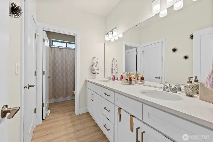 Upstairs main bath with access from both bedroom #3 and the hallway. Door to close out the shower and toilet area for privacy.