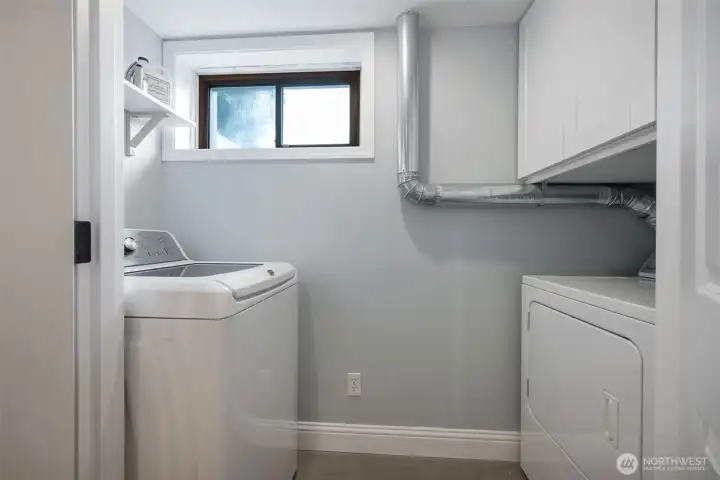 Nice laundry space with doors to close off from flex space