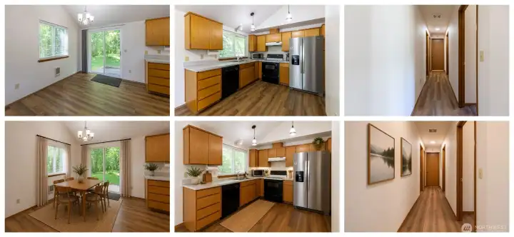 Dining, kitchen and hallway-virtually staged