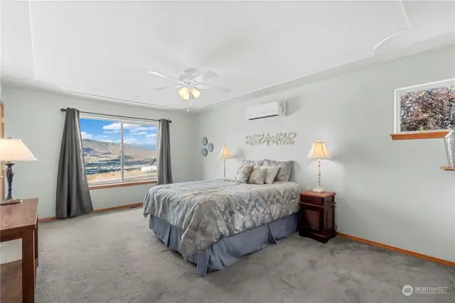The upstairs primary bedroom is spacious and the view is wide open!