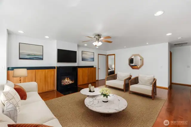 Gas fireplace & a built-in wall of cabinets