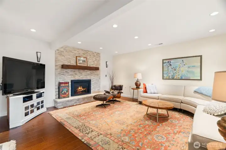 Lower level family room with fireplace.