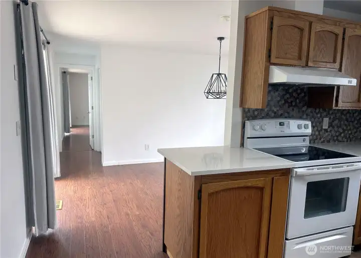 Kitchen open to dining area
