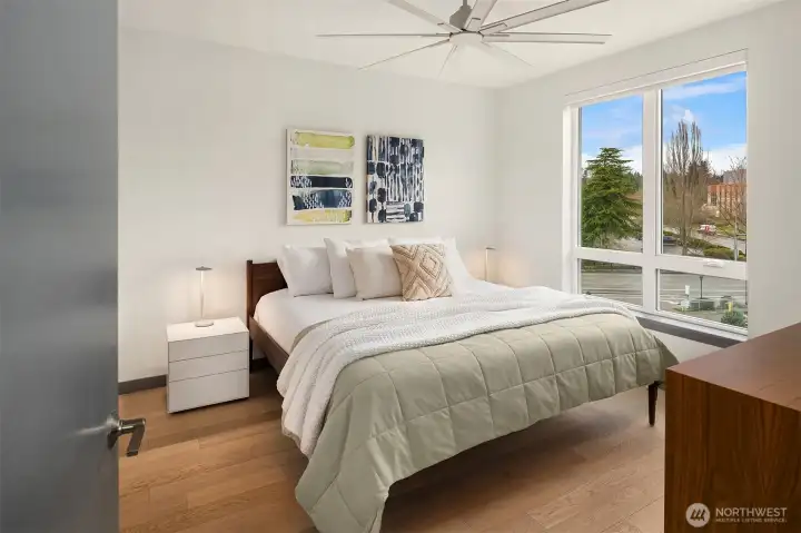 Primary suite with a recently installed ceiling fan.