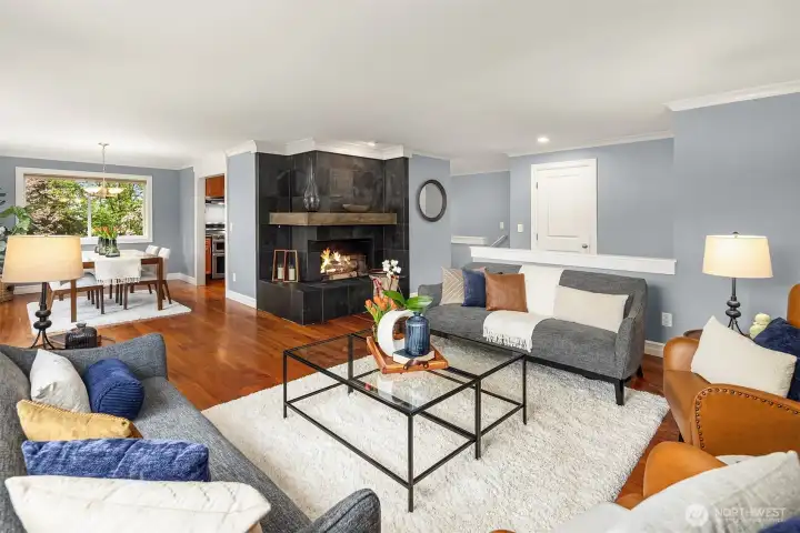 Modern fireplace warms the space!