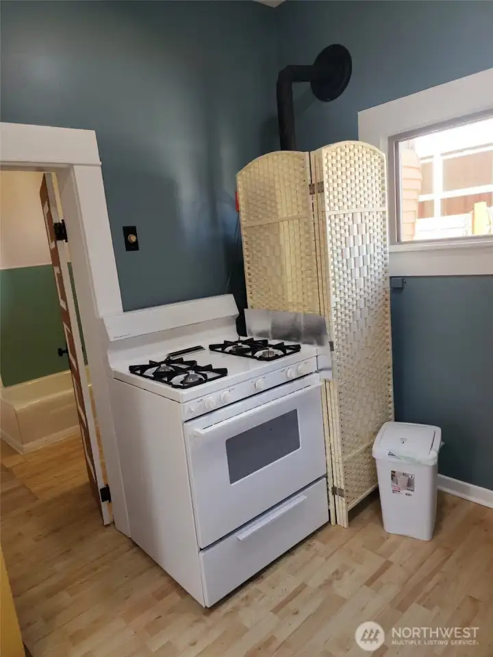 Gas stove and gas water heater in the kitchen.