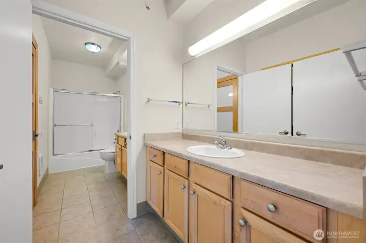 View from the primary #2 sink/walk in closet into the connected main bathroom (locking door separates the 2)