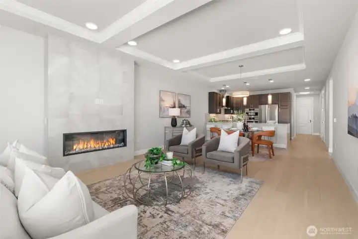 The electric fireplace adds ambiance all year-round. The electric fireplace adds ambiance all year-round.