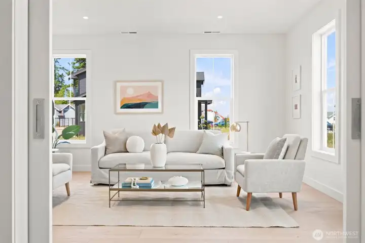 This room could be another living space, an office or an ADU as it has sliding doors that make this a private suite with a separate bedroom and 3/4 bath. This room could be another living space, an office or an ADU as it has sliding doors that make this a private suite with a separate bedroom and 3/4 bath.