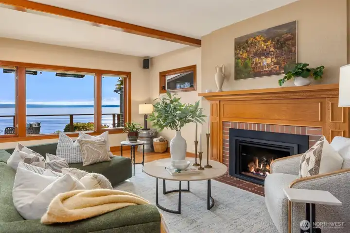 Gas fireplace anchors the cozy living room. Gas fireplace anchors the cozy living room.