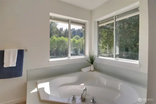 Soaking Tub with River View in Primary Suite