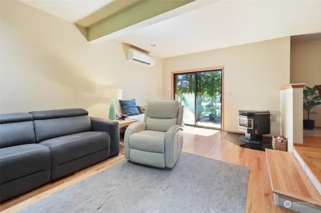 Living room with pellet stove, ductless heat pump, sliding glass door to back yard and lake.