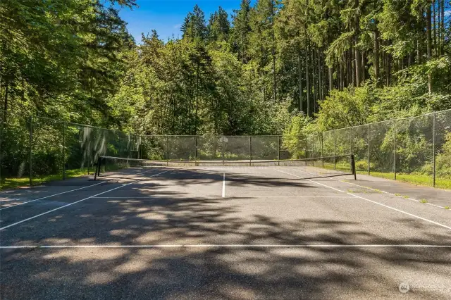 Tennis court and basketball hoop, among the many amenities in Clearwood. There's also a new pickleball court as well.