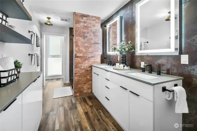 Large primary bathroom with heated flooring