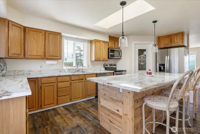 Skylight brings light into kitchen.