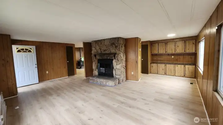 Dining room has lots of cupboard space.