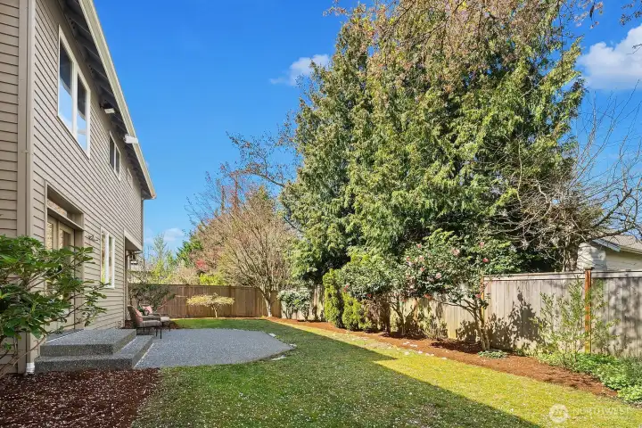 This lovely view of the backyard highlights the expansive, well-maintained lawn, mature garden plantings, and the home's classic exterior, all coming together to create a lush and private outdoor sanctuary. The full sprinkler system ensures the beautifully landscaped grounds stay vibrant and green year-round, making outdoor enjoyment effortless throughout every season.