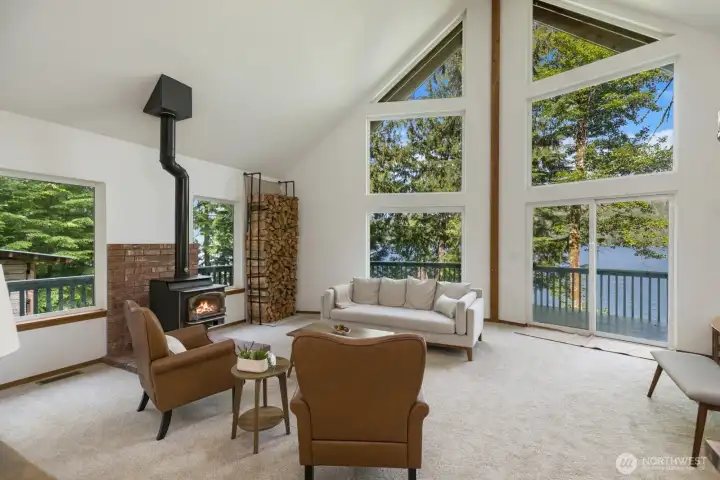 The Great Room features a wall of windows with lakeview