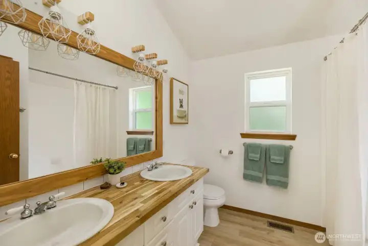 Main floor bathroom is updated with double vanity, counter tops, lights, mirror. The bathrube has a tiled walled & shower and a full size linen closet.
