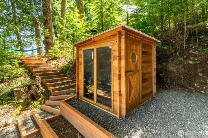 Take the newly built & permitted stairs leading to your private floating dock, and just past the hammock, there you'll find the new redwood sauna.