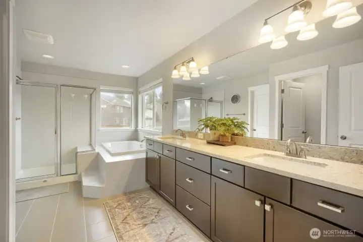Light-filled bathroom with elegant finishes.
