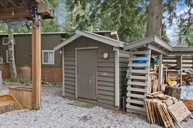 Shed and woodshed with firewood as well as wood for your projects