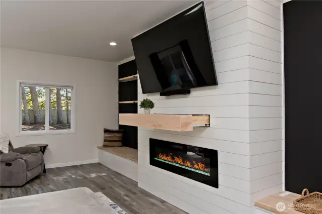 fireplace mantle w hidden storage
