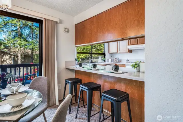Visit with the chef of the house at this convenient eating bar.