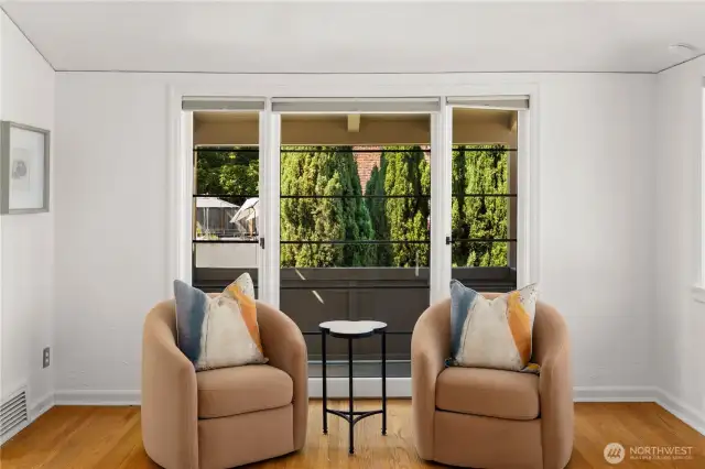 Another view of the balcony in the Primary Bedroom. Views of Lake Washington from this room!