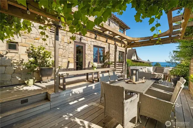 Lovely deck off the kitchen with grape vines.