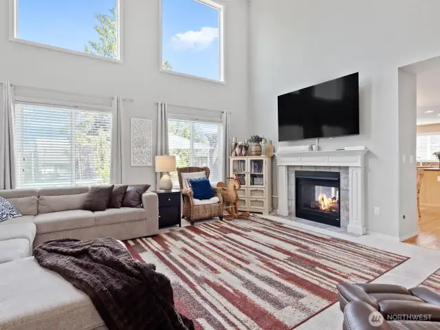 Living room with double sided fireplace