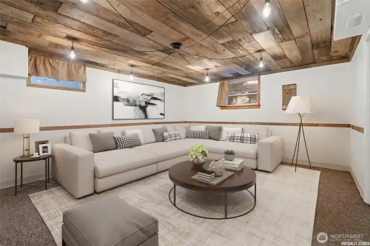 Virtual staged family room lower level