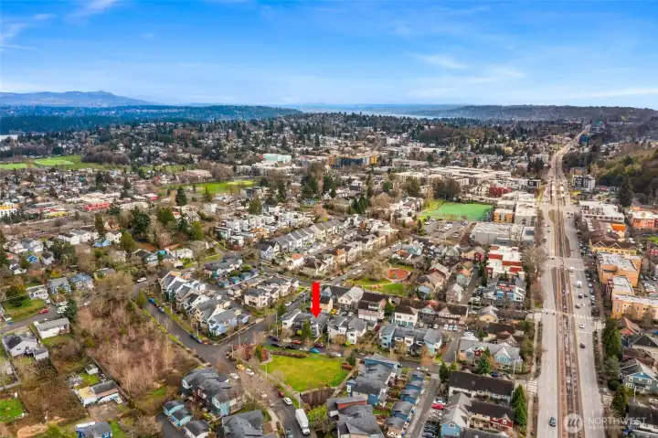 Aerial view looking south towards the Columbia City light rail station.
