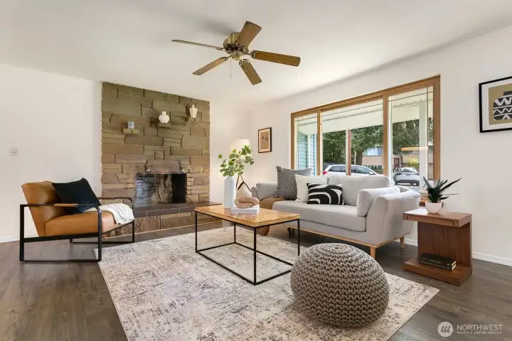 Living room with wood-burning fireplace