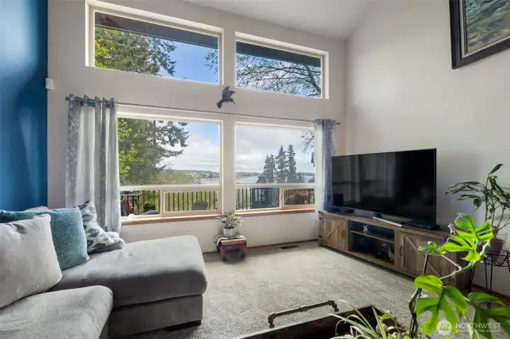 2 Story ceilings in main living space with incredible views of the Sound.