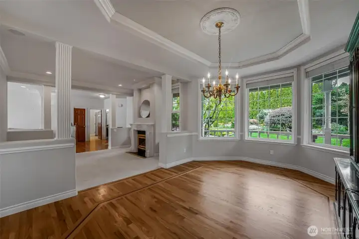 Beautiful spacious dining room will hold an extra large table. Built in cabinets offer storage for all your serving pieces.