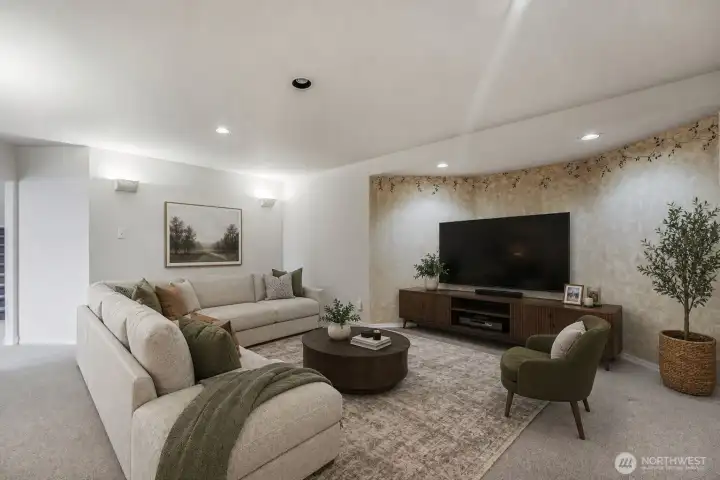 Staged downstairs theater room/family room.