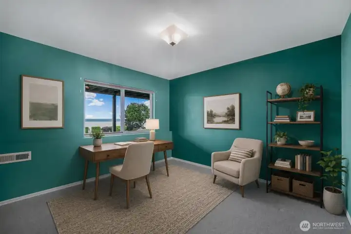 Spacious office with view is virtually staged.