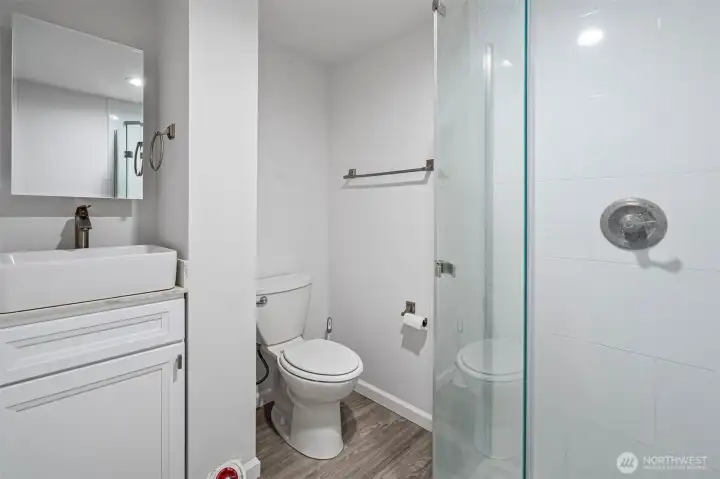Bath with shower in basement.