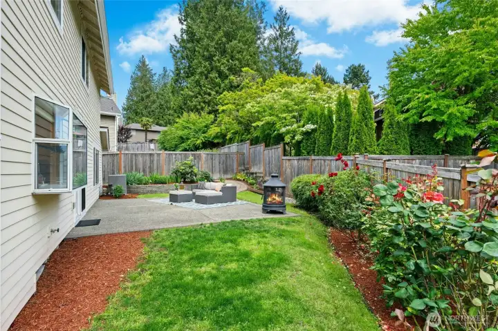 The Jackson Perkins roses are in bloom and there's so much privacy to enjoy this backyard sanctuary.