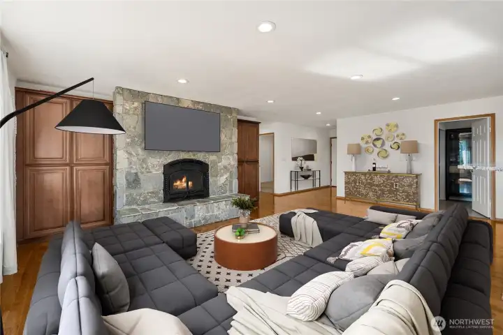 Cozy up by the impressive Quadra-Fire wood-burning fireplace—an efficient, high-performance insert with advanced air control for steady warmth and ambiance.