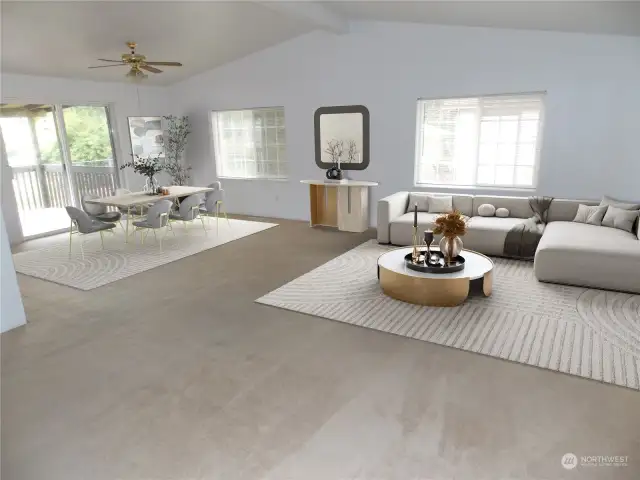 Virtually staged open concept living area.