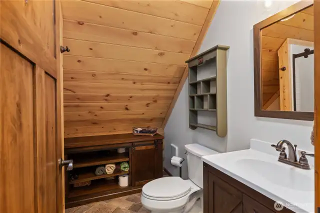 Bathroom off of the primary bedroom located upstairs.