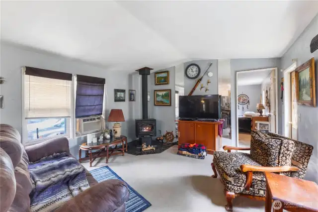 Wood burning fireplace heats the entire home.