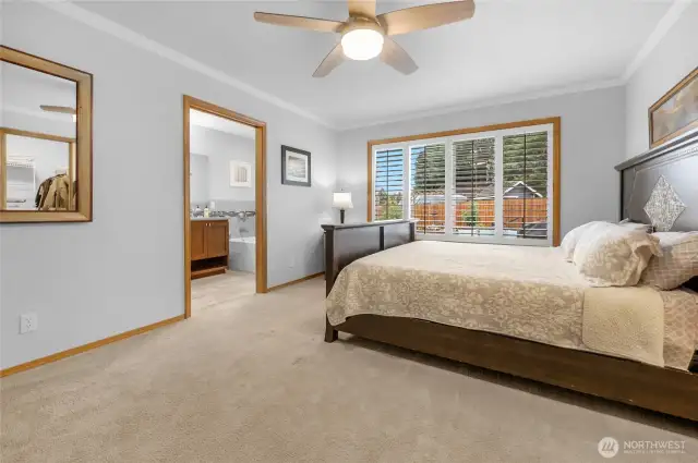 MAIN FLOOR primary bedroom is large with built-in dresser and shelving area. There are also large windows looking into the backyard. The bedroom has a ceiling fan, a walk-in closet, and an attached five-piece bathroom.